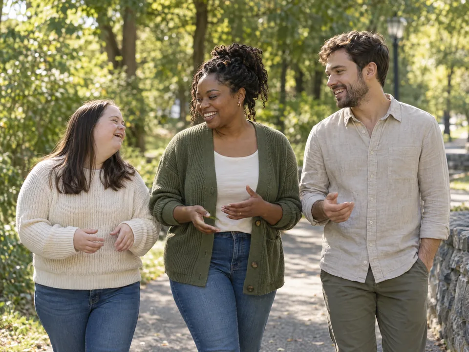 An illustrative scene of adults sharing a joyful conversation in a leafy community park